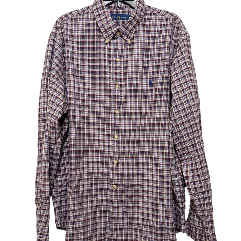 Ralph Lauren Mens XXL Plaid Button Down Shirt Burgundy Blue L/S Pony Logo